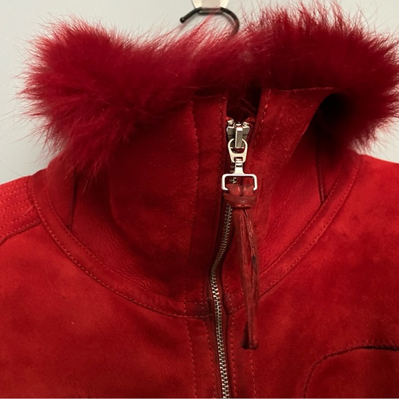 Ferrari red real shearling fur sheepskin moto biker apres ski jacket S - Picture 9 of 13